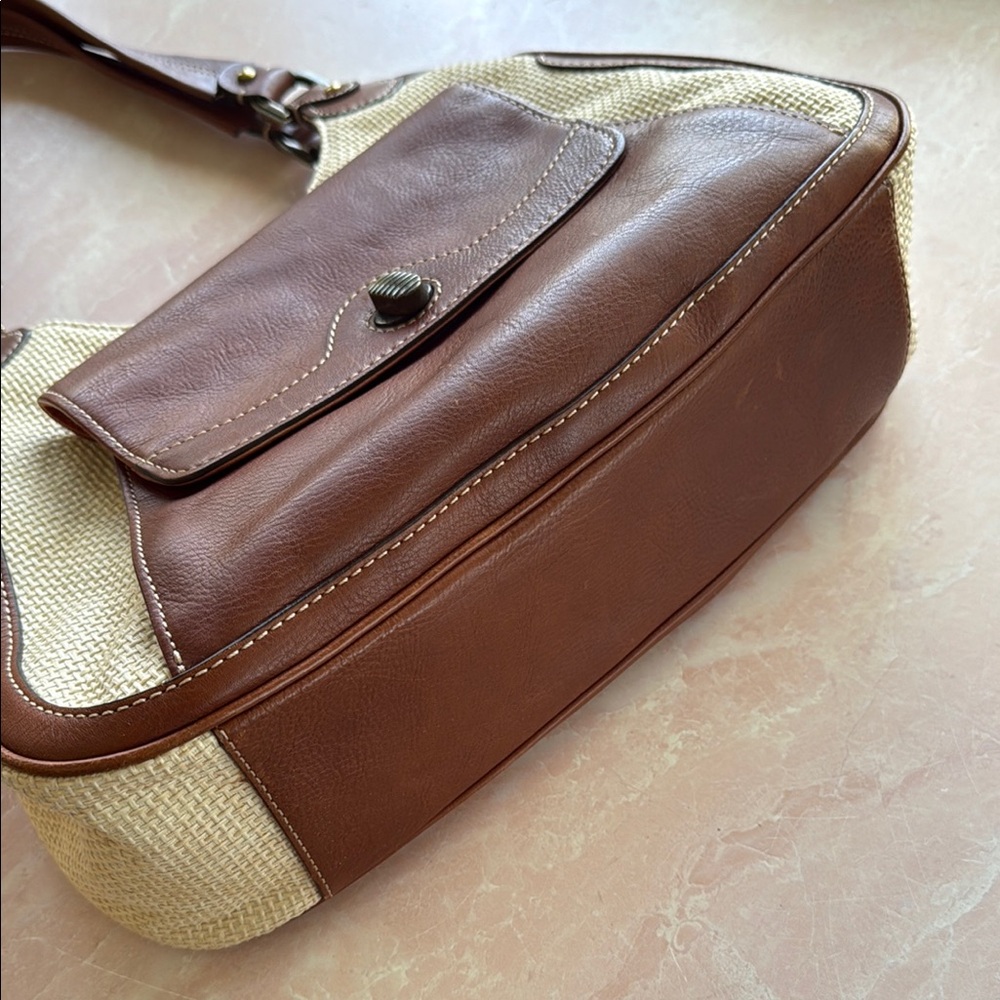 Vintage Cole Haan Brown Leather and Linen Women's Shoulder Bag - Picture 5 of 16